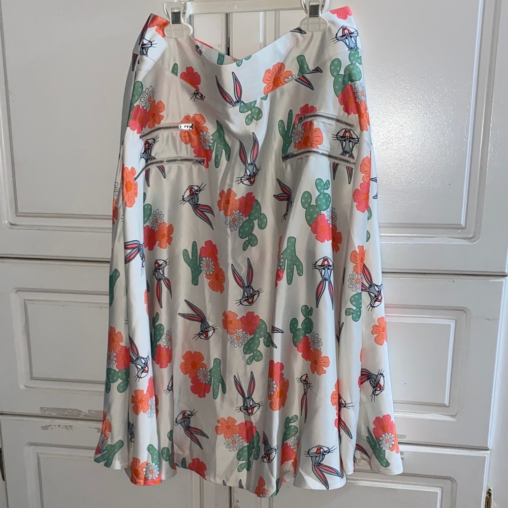 Unique Vintage Bugs Bunny Floral A-Line Skirt - White and Orange